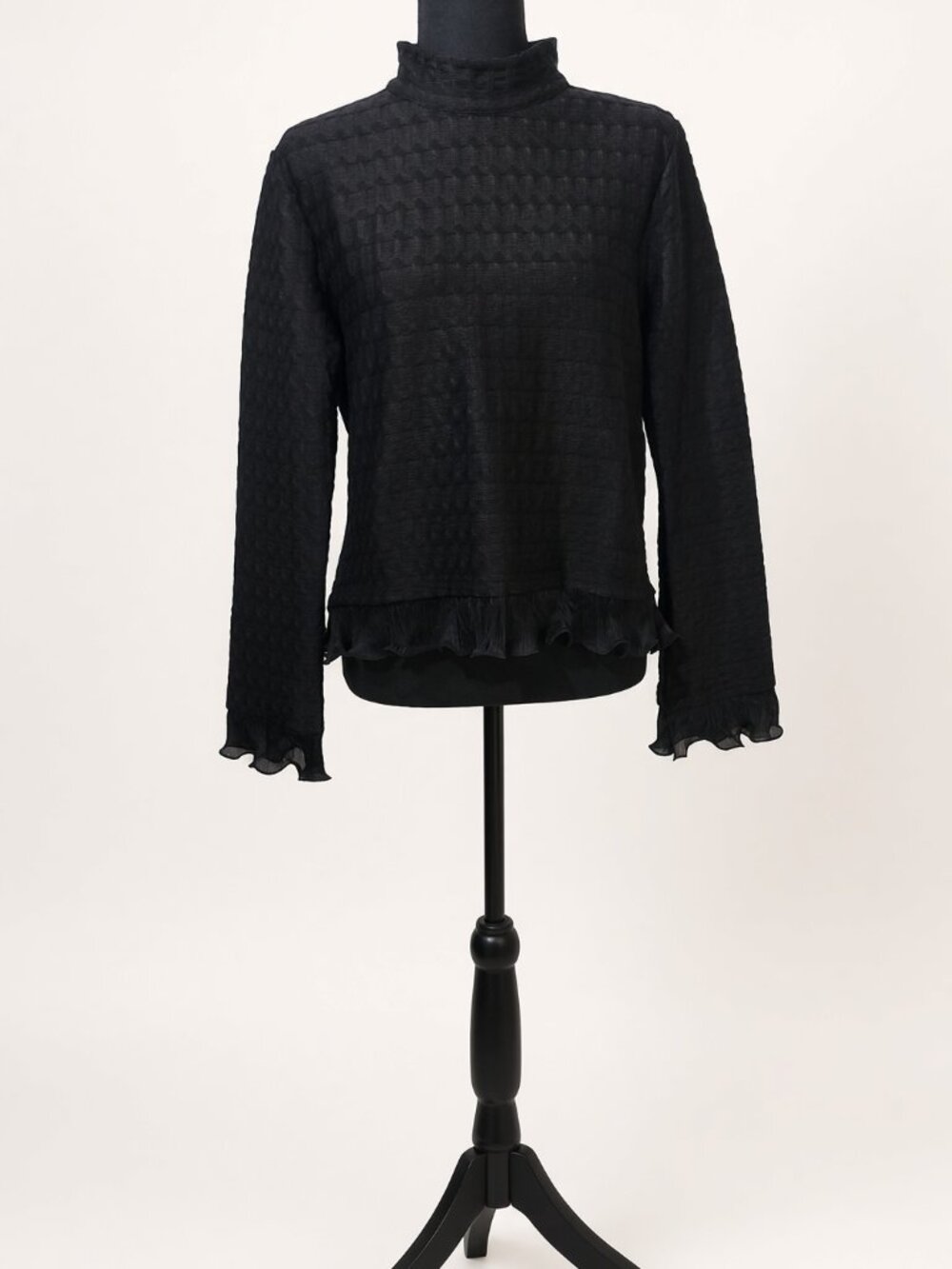 Blue Tassel Black Textured Mock Neck Top Medium